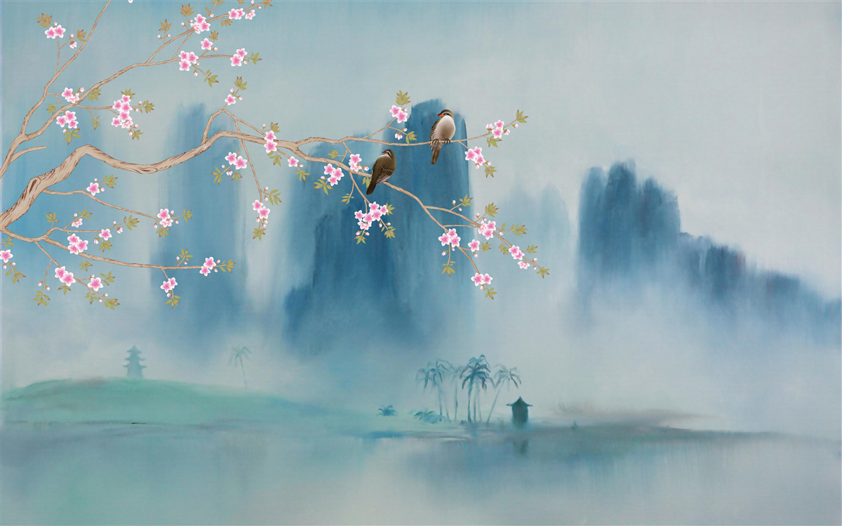 Fototapeten Kirschblumen verzweigen über den mit Nebel bedeckten See