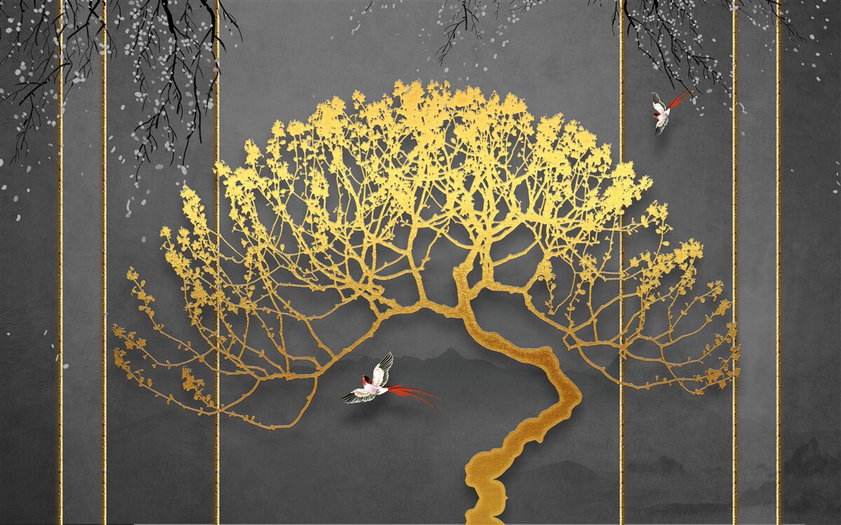 Fototapeten Silhouette eines Bonsai -Baums mit Gold glänzend
