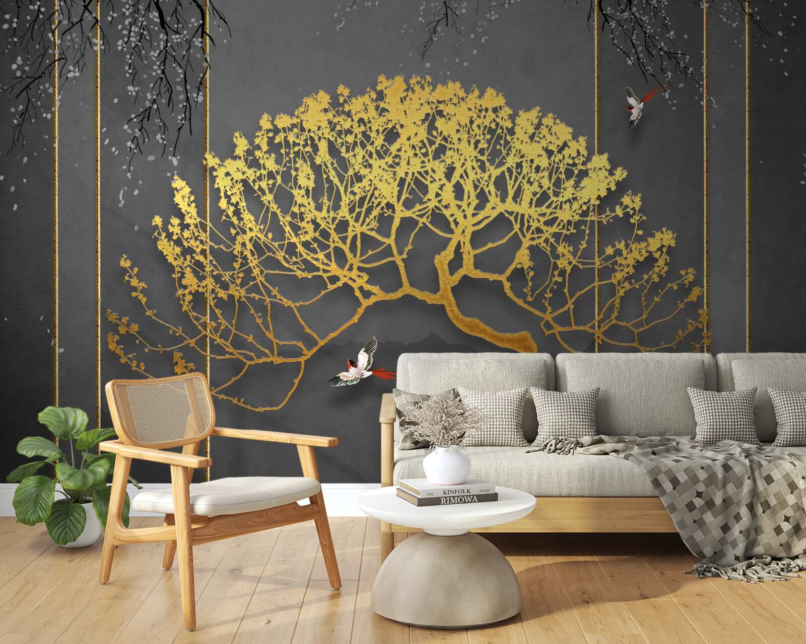 Fototapeten Silhouette eines Bonsai -Baums mit Gold glänzend