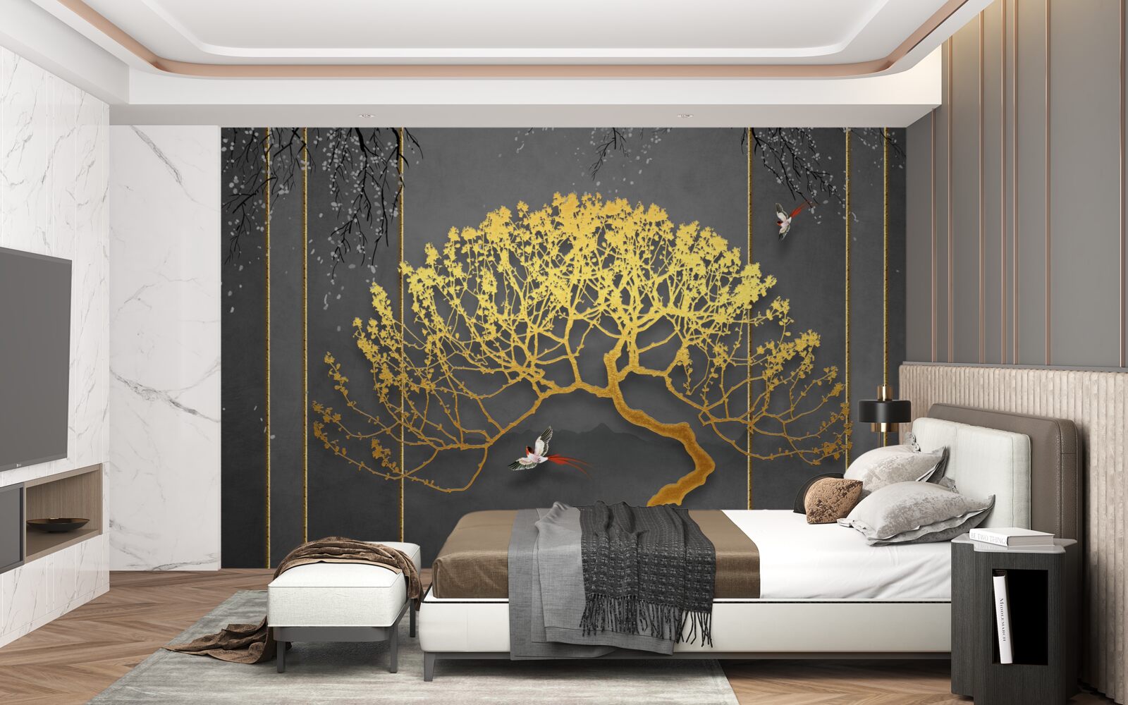 Fototapeten Silhouette eines Bonsai -Baums mit Gold glänzend