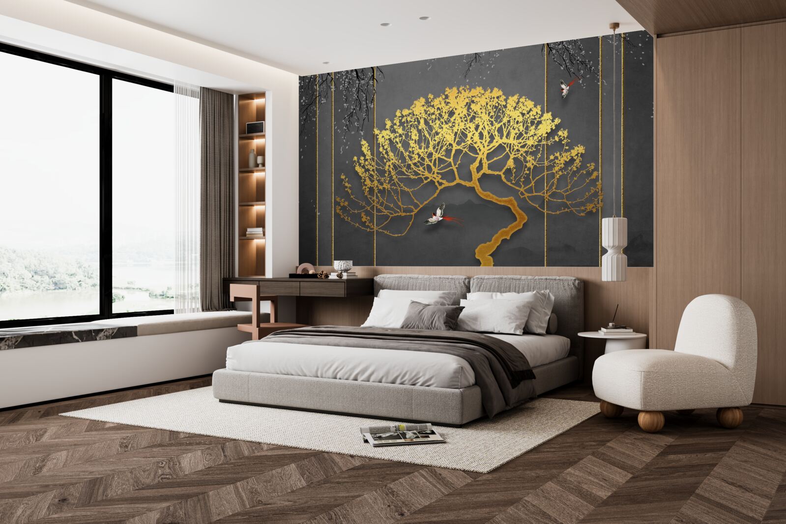 Fototapeten Silhouette eines Bonsai -Baums mit Gold glänzend