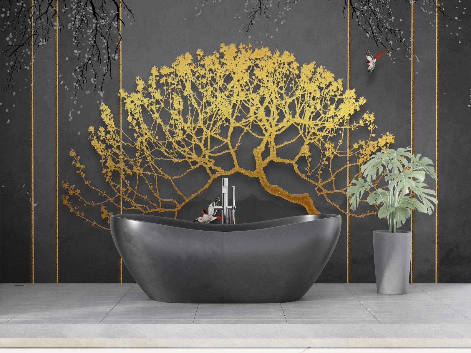 Fototapeten Silhouette eines Bonsai -Baums mit Gold glänzend