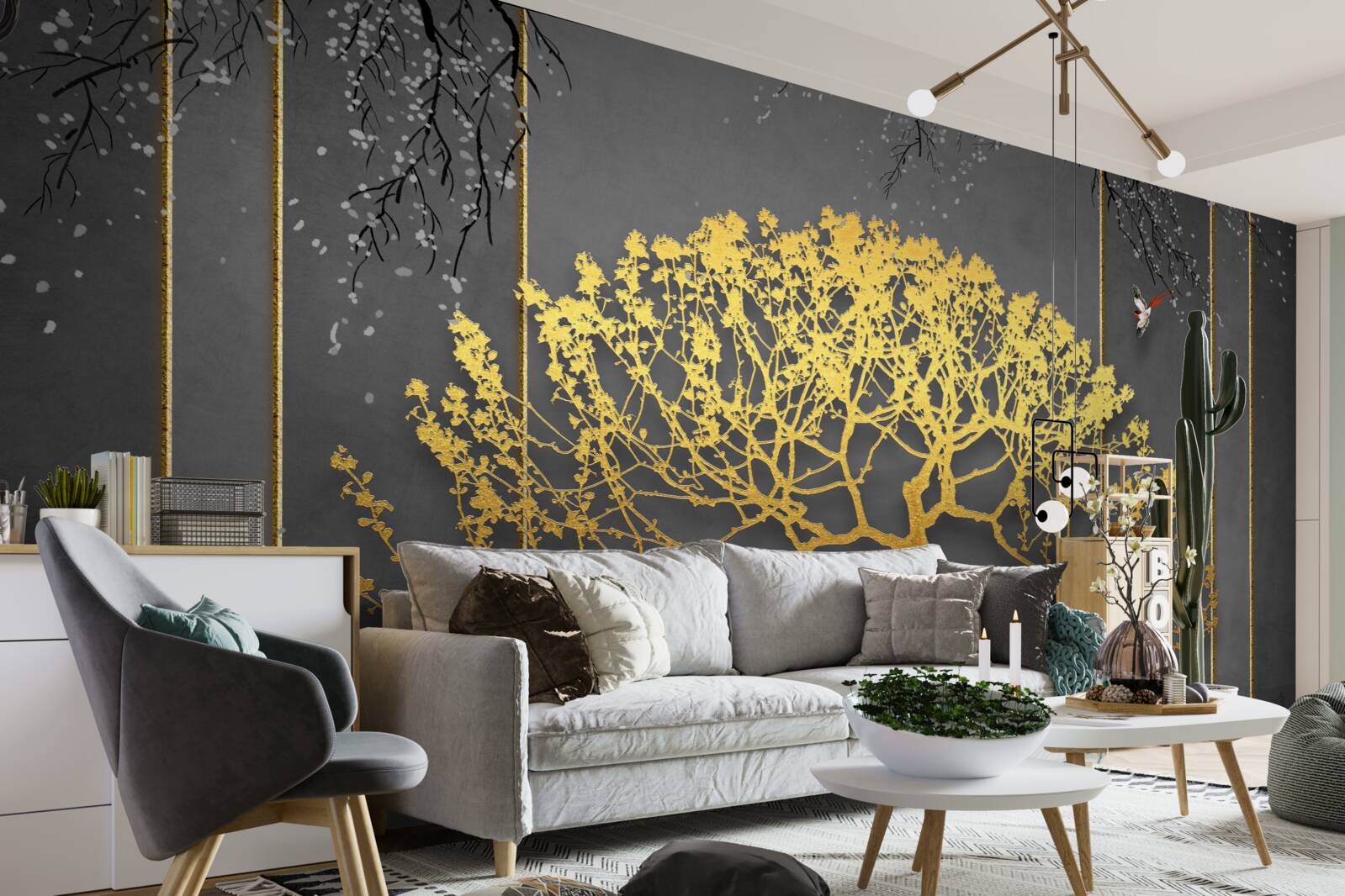 Fototapeten Silhouette eines Bonsai -Baums mit Gold glänzend