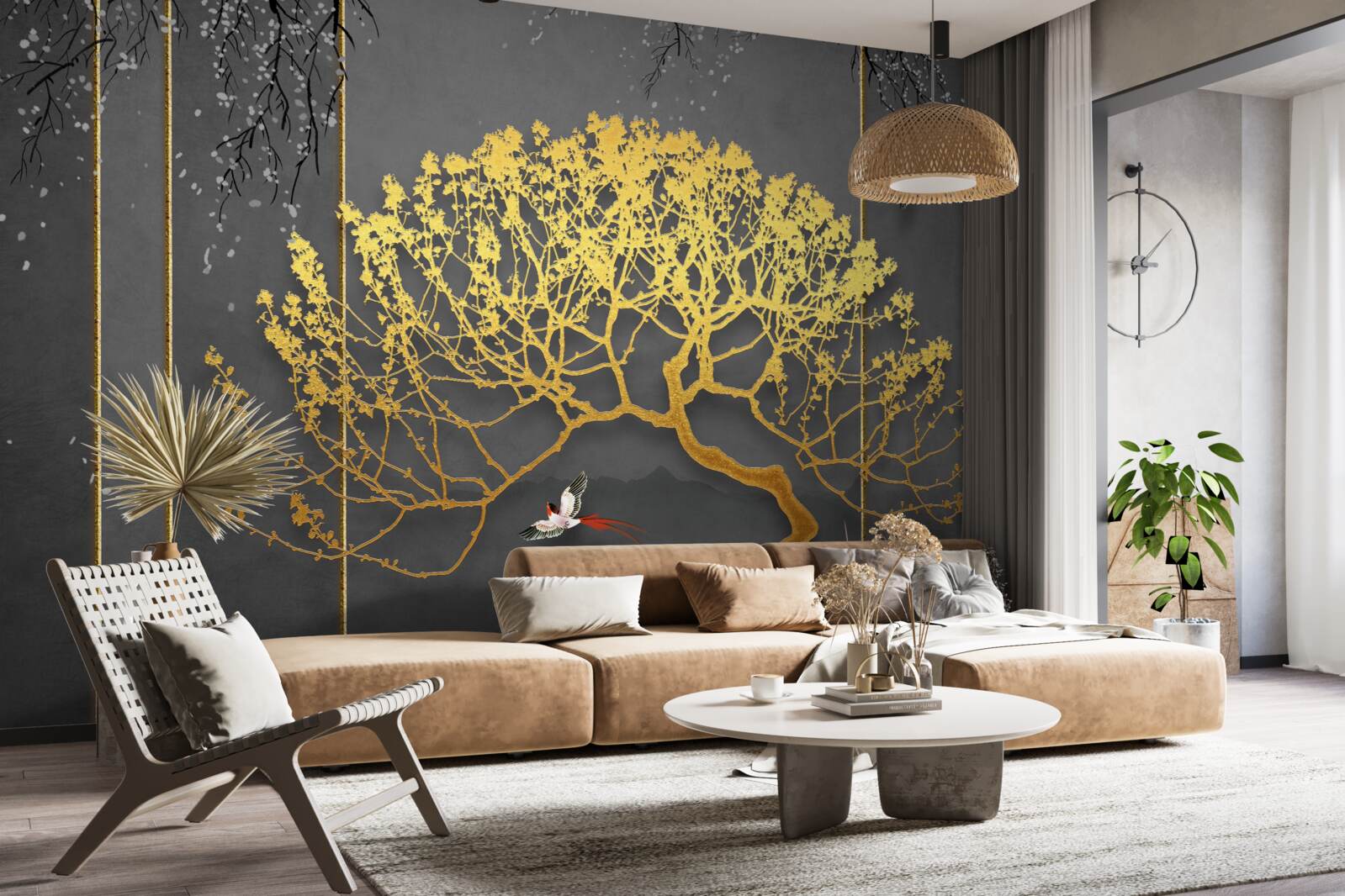 Fototapeten Silhouette eines Bonsai -Baums mit Gold glänzend