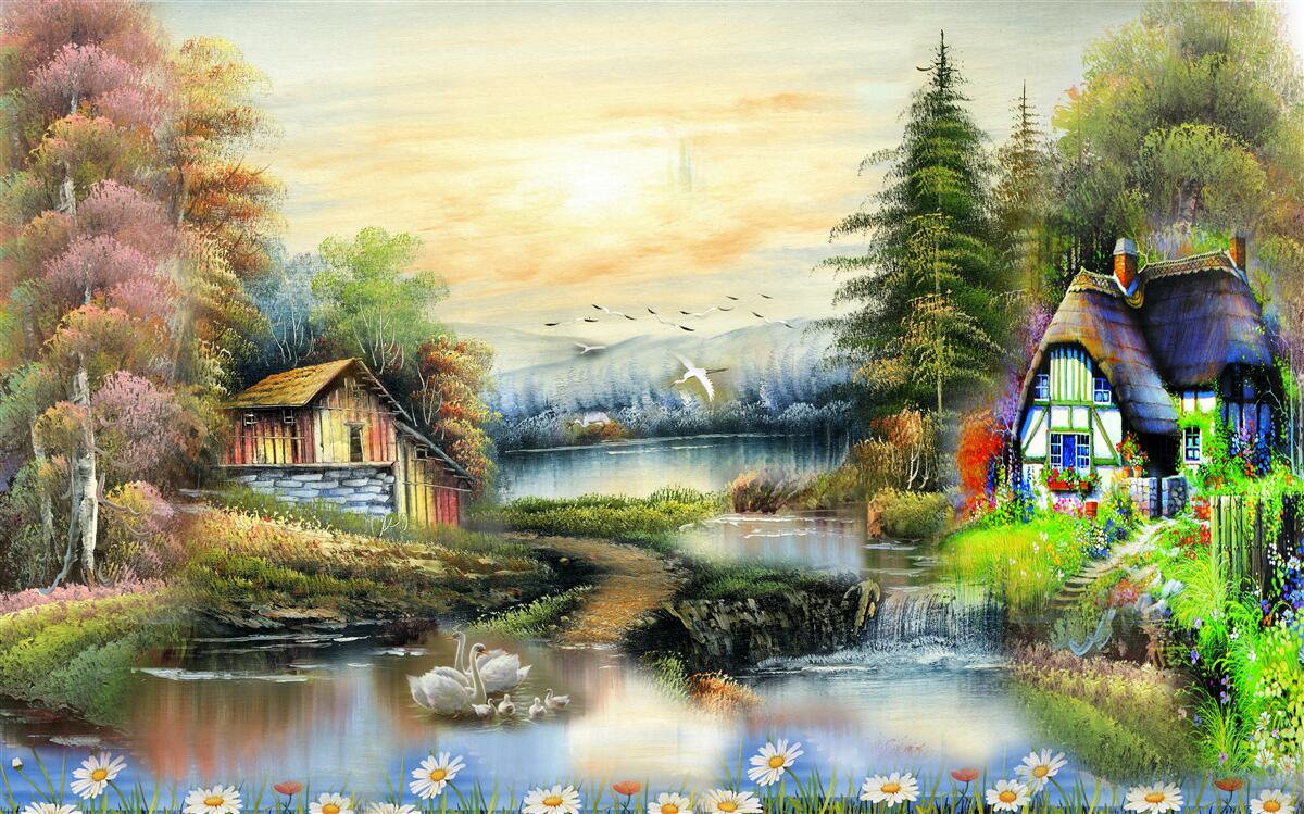 Fototapeten Magic House am See vom Wald umgeben