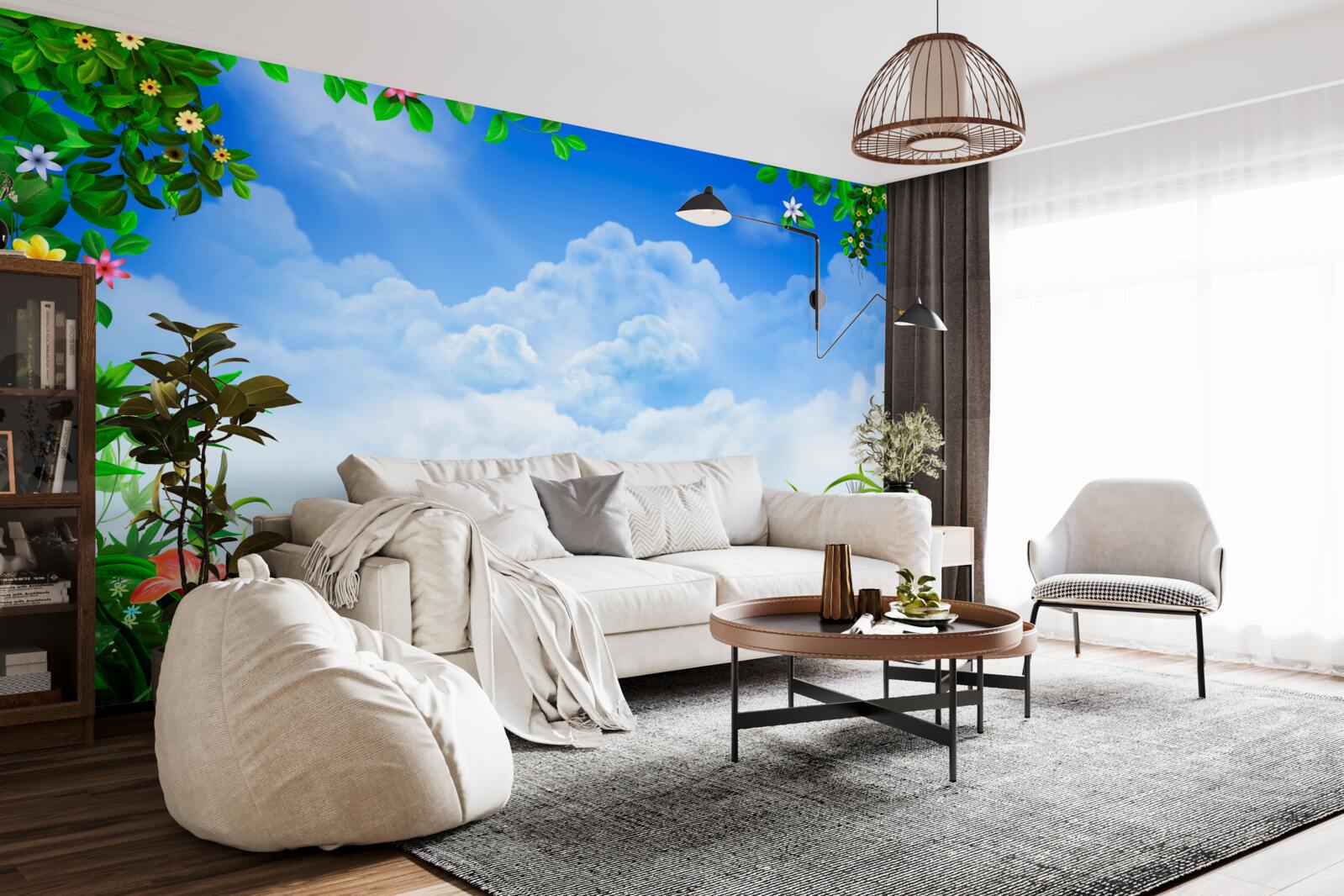 Fototapeten Grüne Blätter schimmern unter blauen Wolken