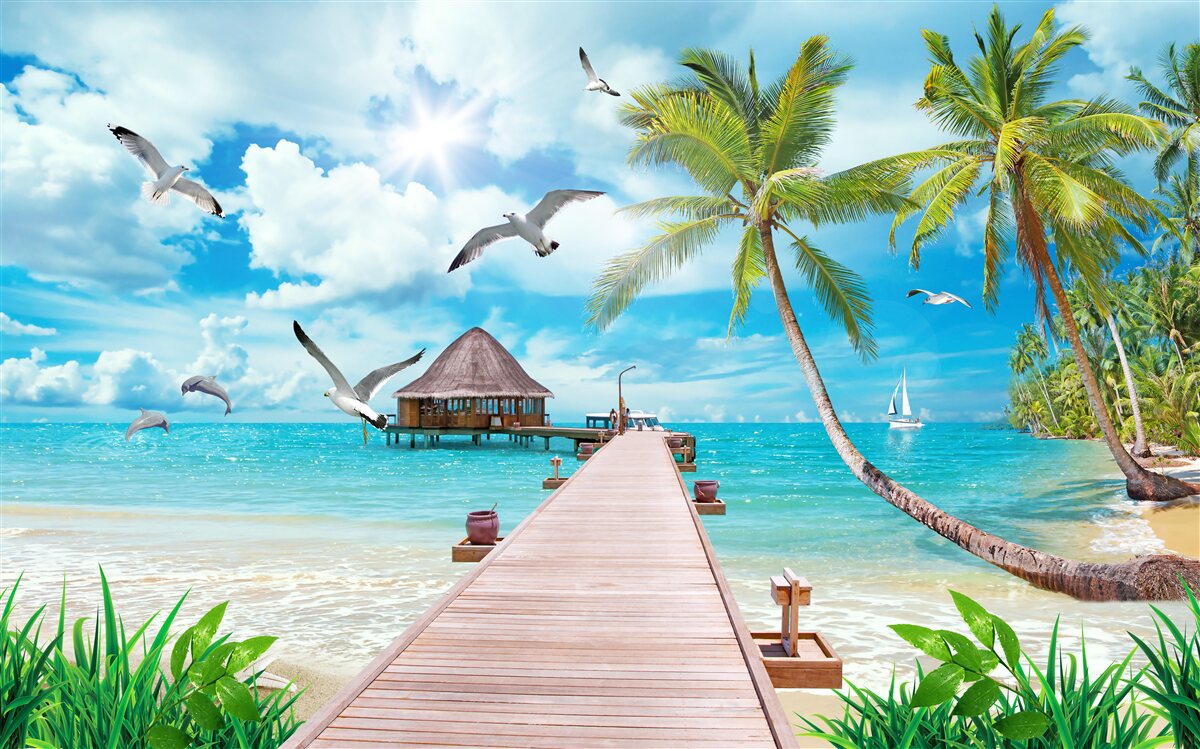Fototapeten Möwen und der Pier am Meer