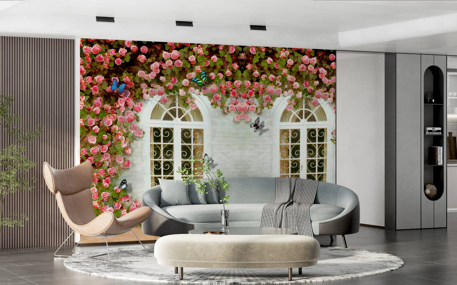 Fototapeten Die Fenster sind von blühenden Rosen umgeben