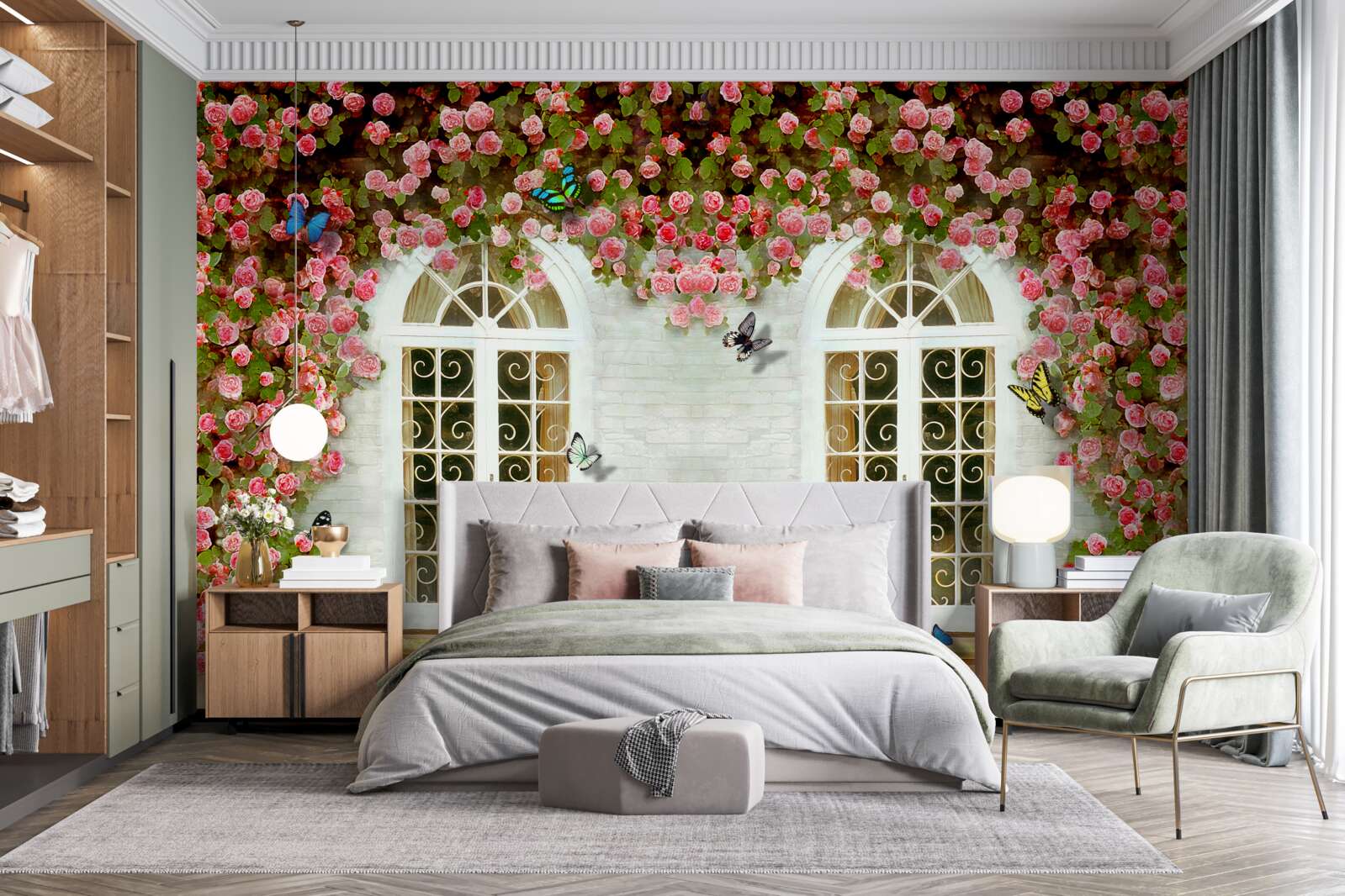 Fototapeten Die Fenster sind von blühenden Rosen umgeben