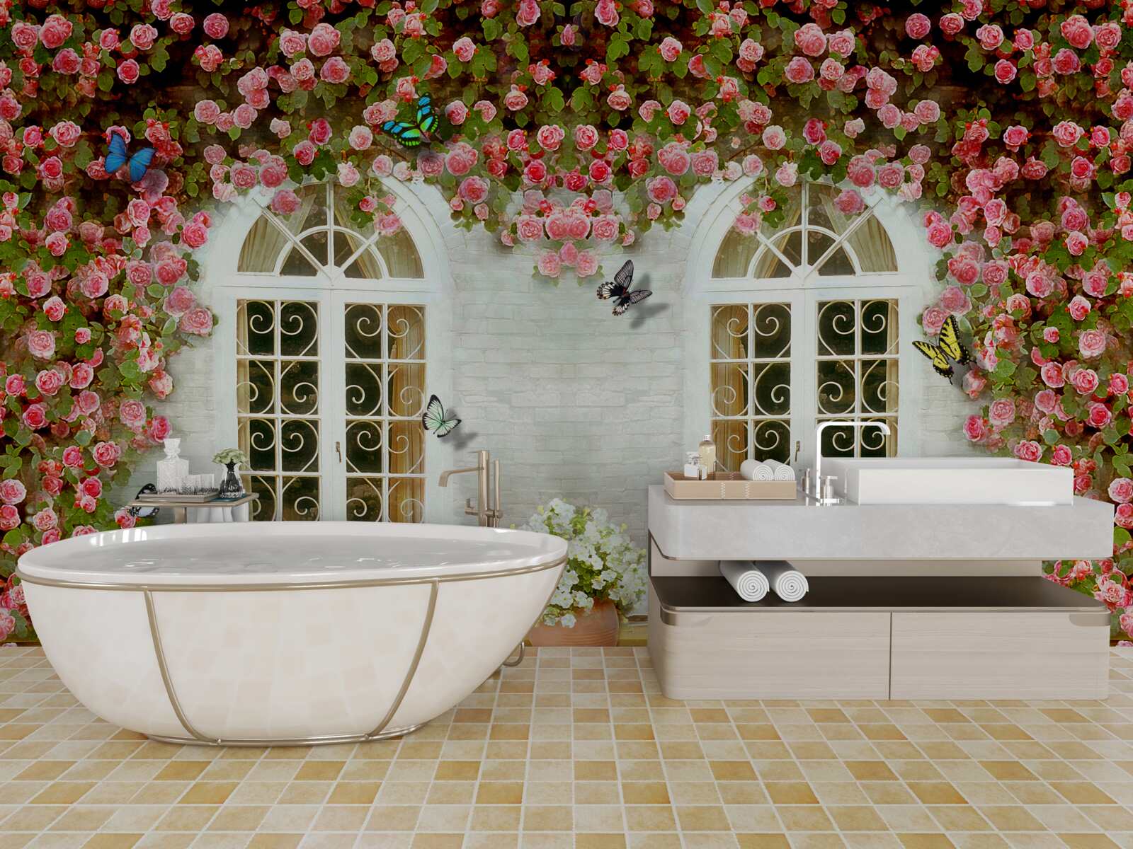 Fototapeten Die Fenster sind von blühenden Rosen umgeben