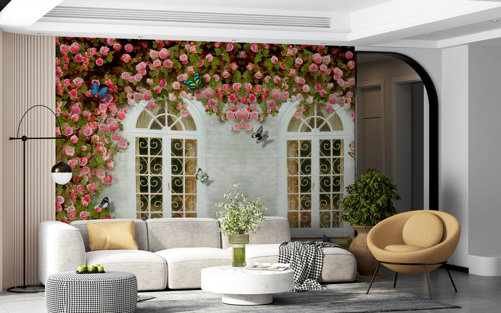 Fototapeten Die Fenster sind von blühenden Rosen umgeben