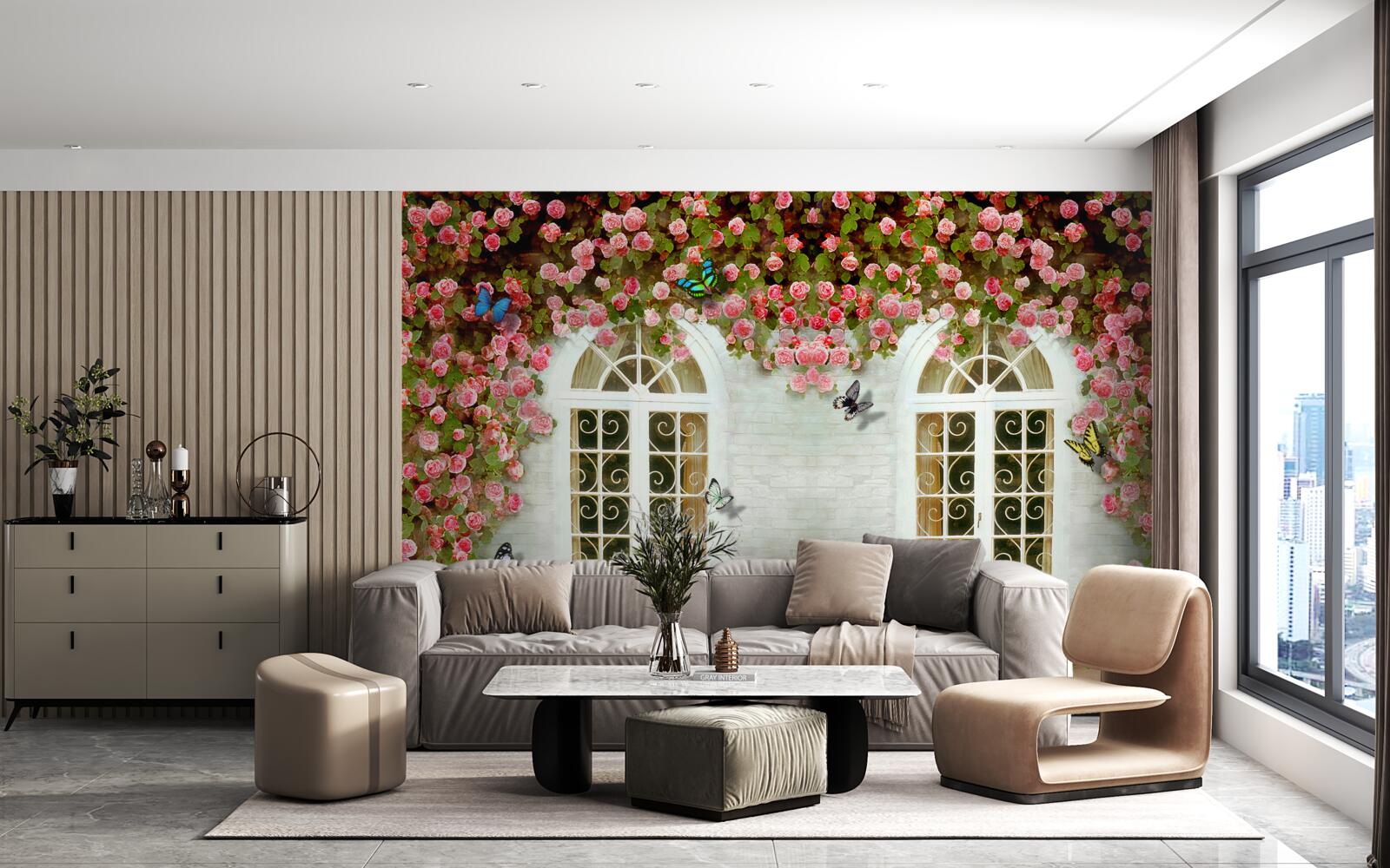 Fototapeten Die Fenster sind von blühenden Rosen umgeben