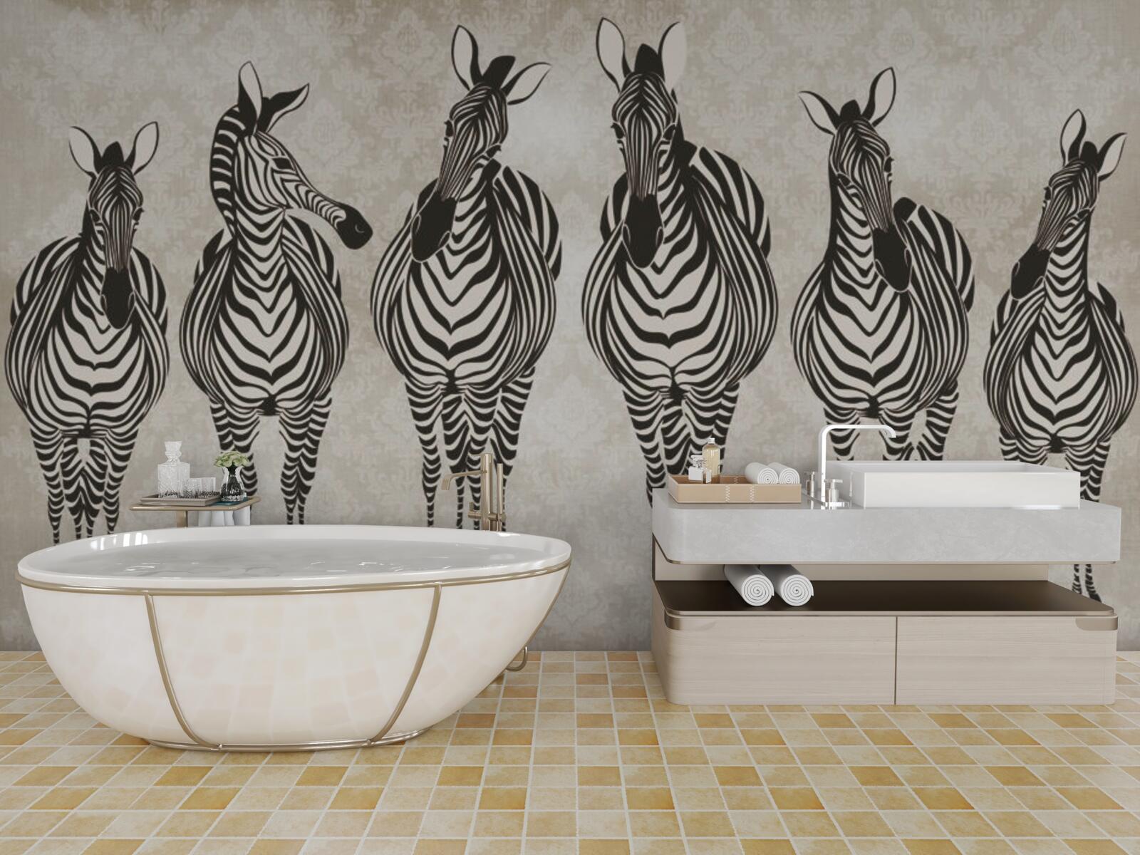 Fototapeten Eine Gruppe von Zebras geht zu ihrem Tierheim