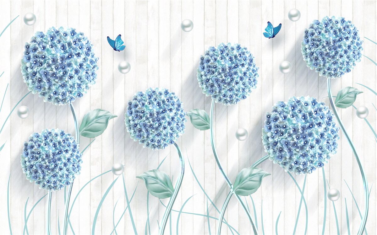 Fototapeten ungewöhnliche blaue Schmetterlinge und Blumen