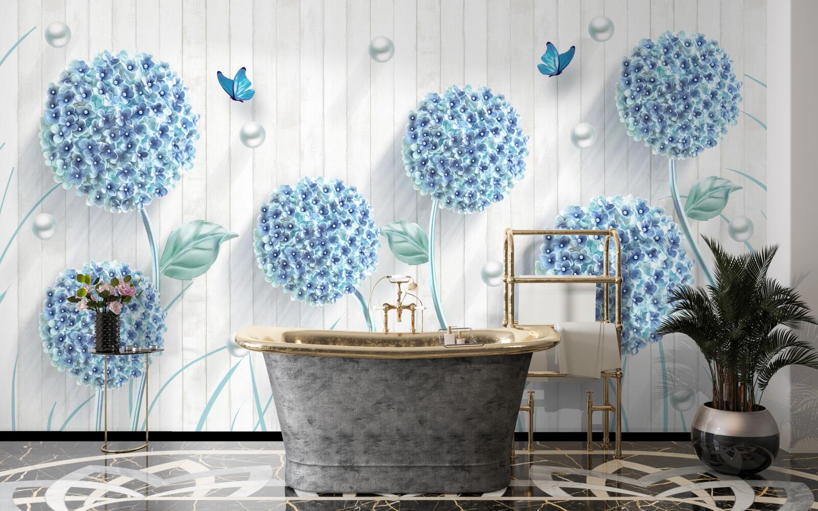 Fototapeten ungewöhnliche blaue Schmetterlinge und Blumen