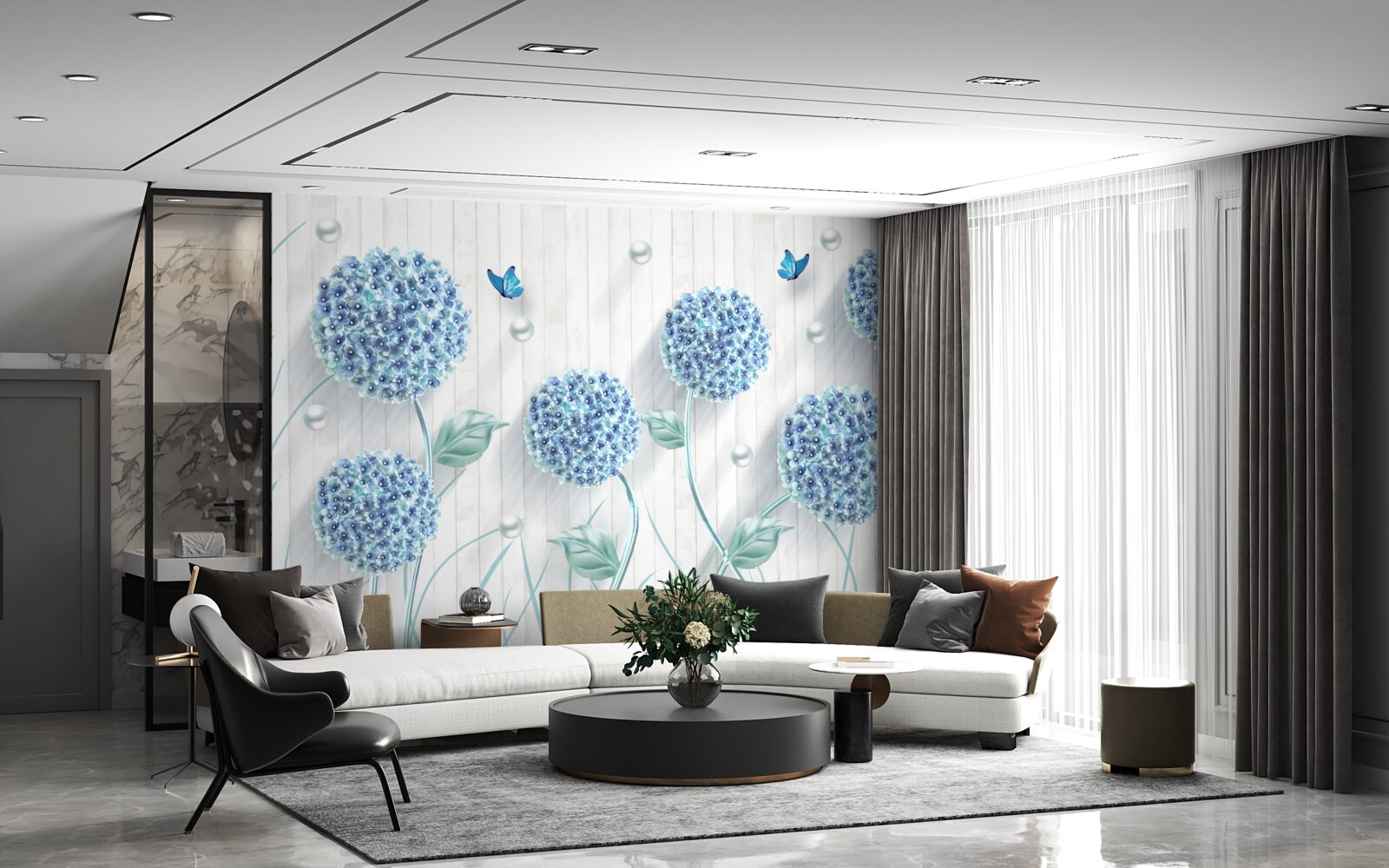 Fototapeten ungewöhnliche blaue Schmetterlinge und Blumen
