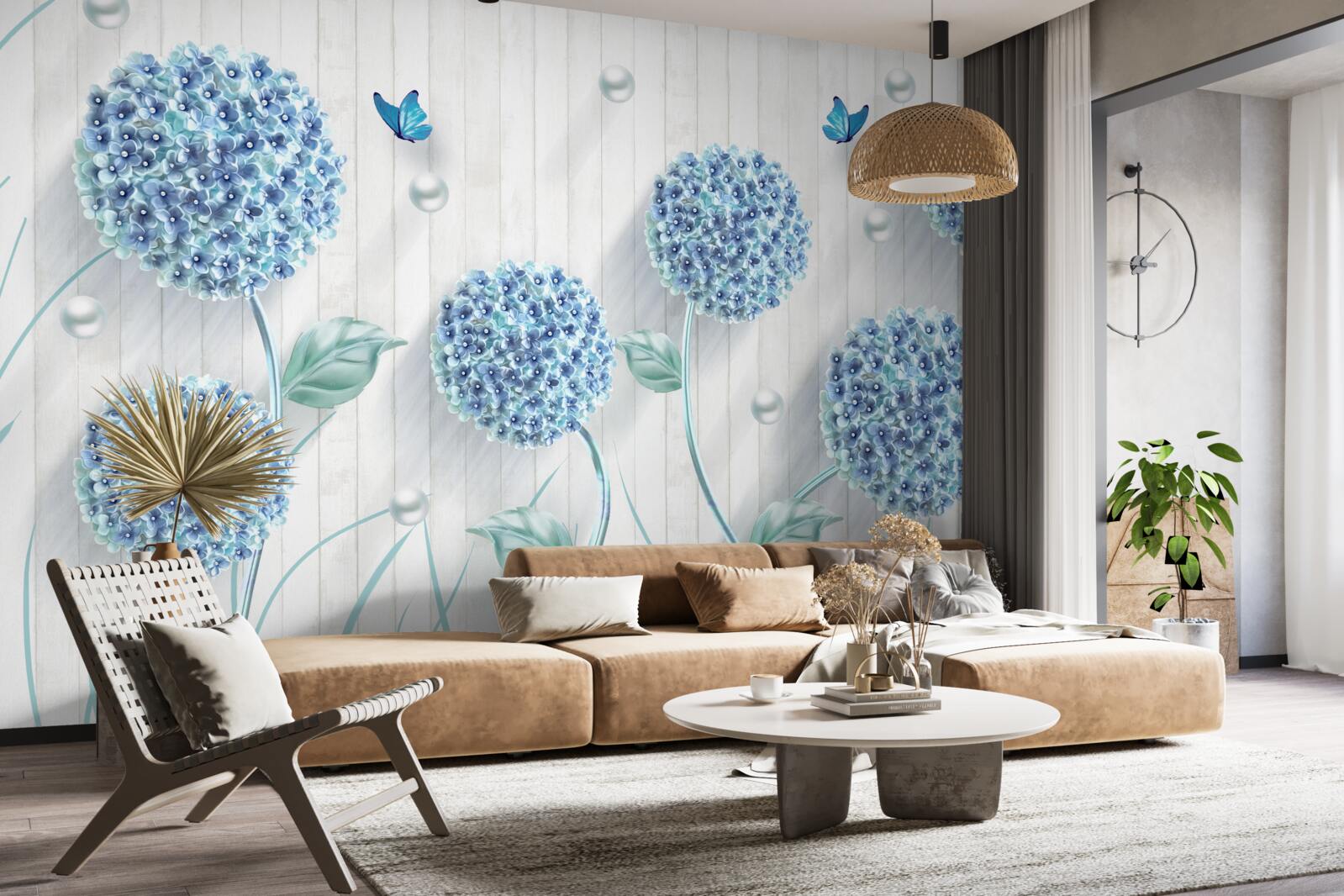 Fototapeten ungewöhnliche blaue Schmetterlinge und Blumen