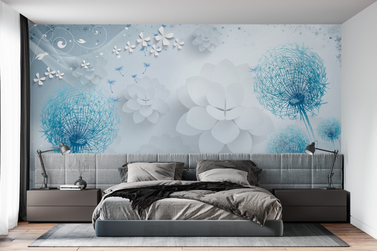 Fototapeten Eine Reihe von blauen Farben mit Blumen