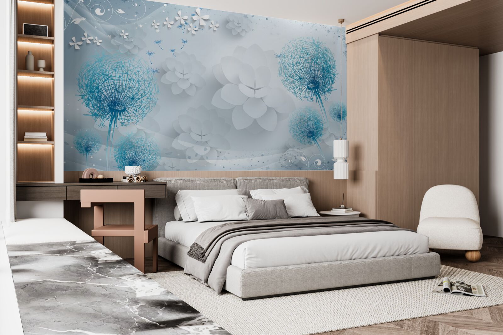 Fototapeten Eine Reihe von blauen Farben mit Blumen