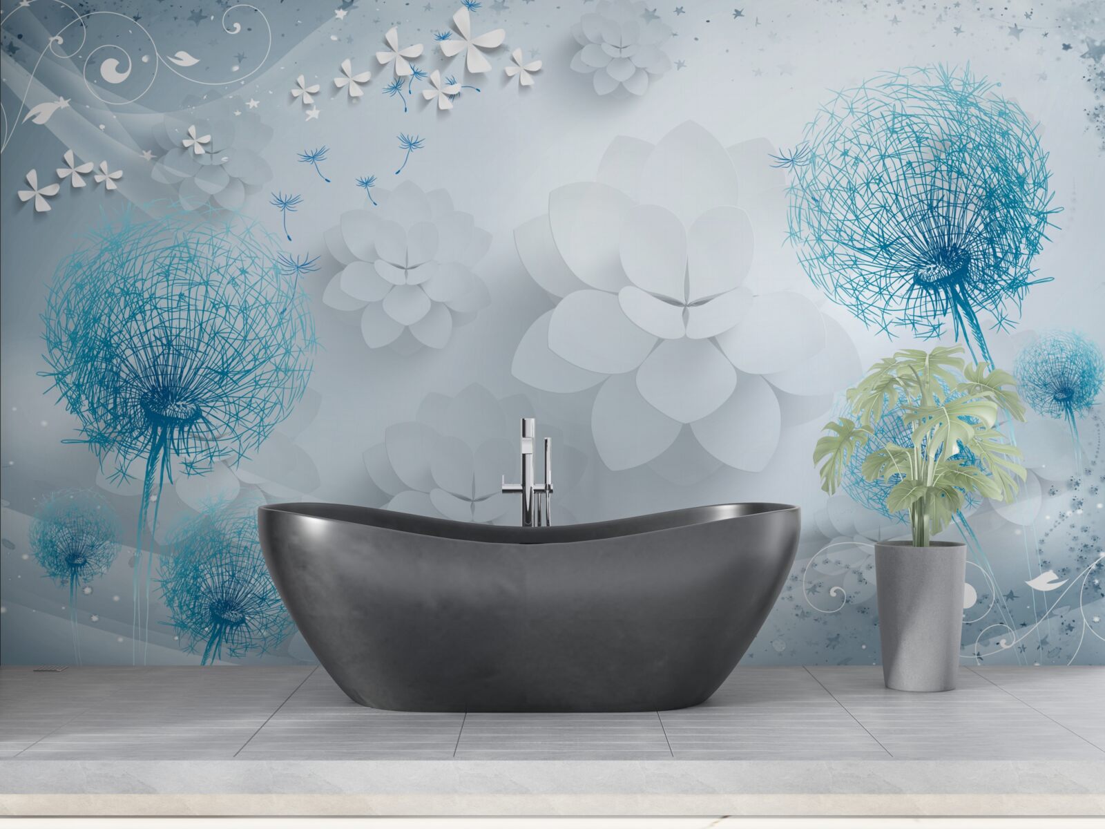 Fototapeten Eine Reihe von blauen Farben mit Blumen