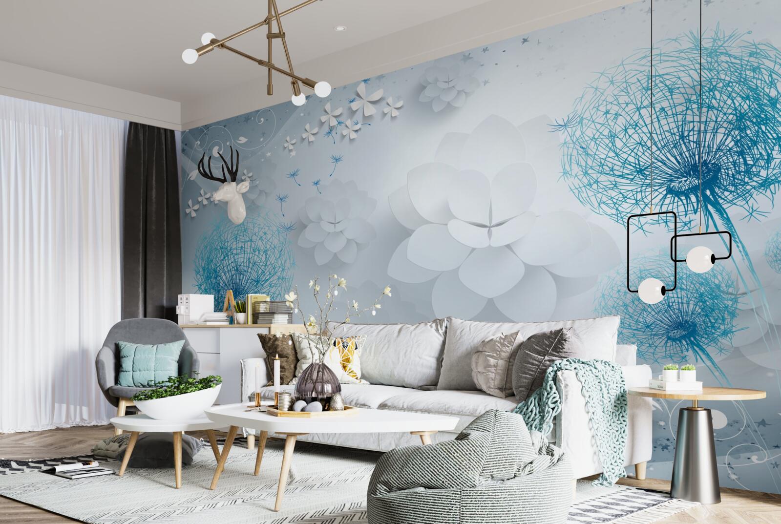 Fototapeten Eine Reihe von blauen Farben mit Blumen