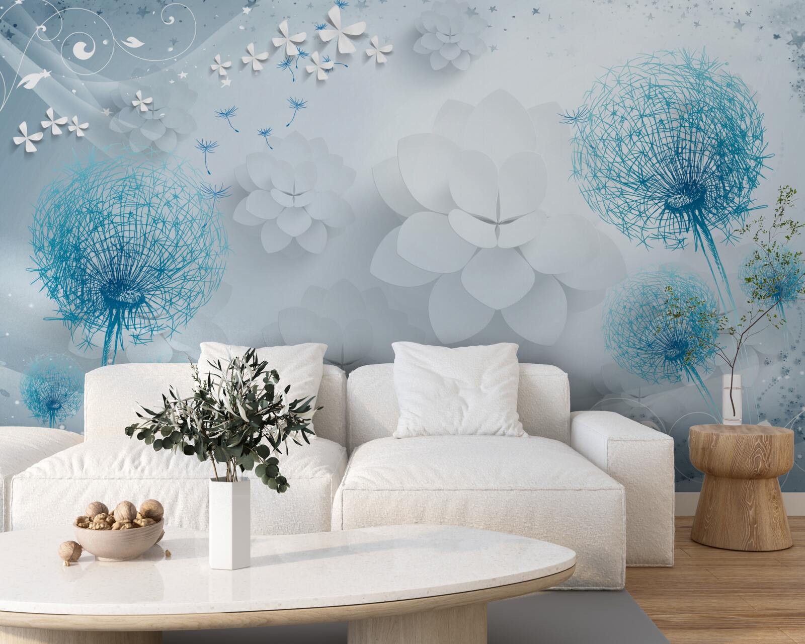 Fototapeten Eine Reihe von blauen Farben mit Blumen
