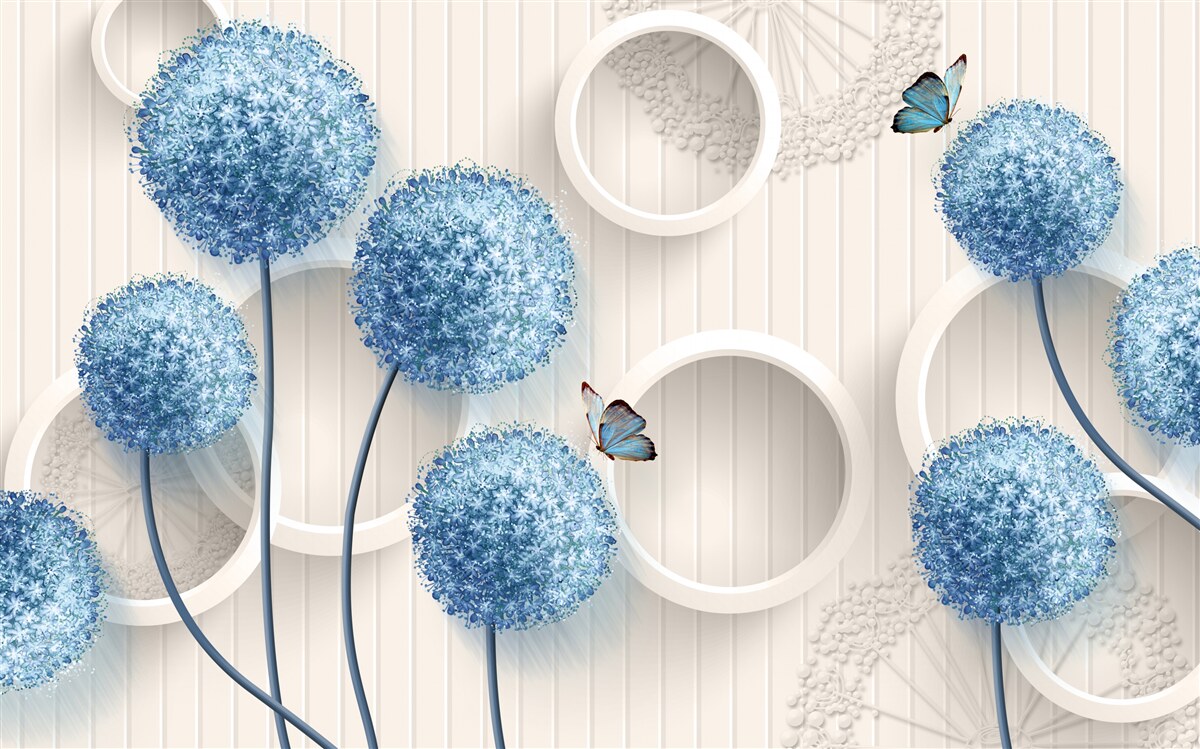 Fototapeten Schmetterlinge und blaue Blumen werden auf einem weißen Hintergrund präsentiert
