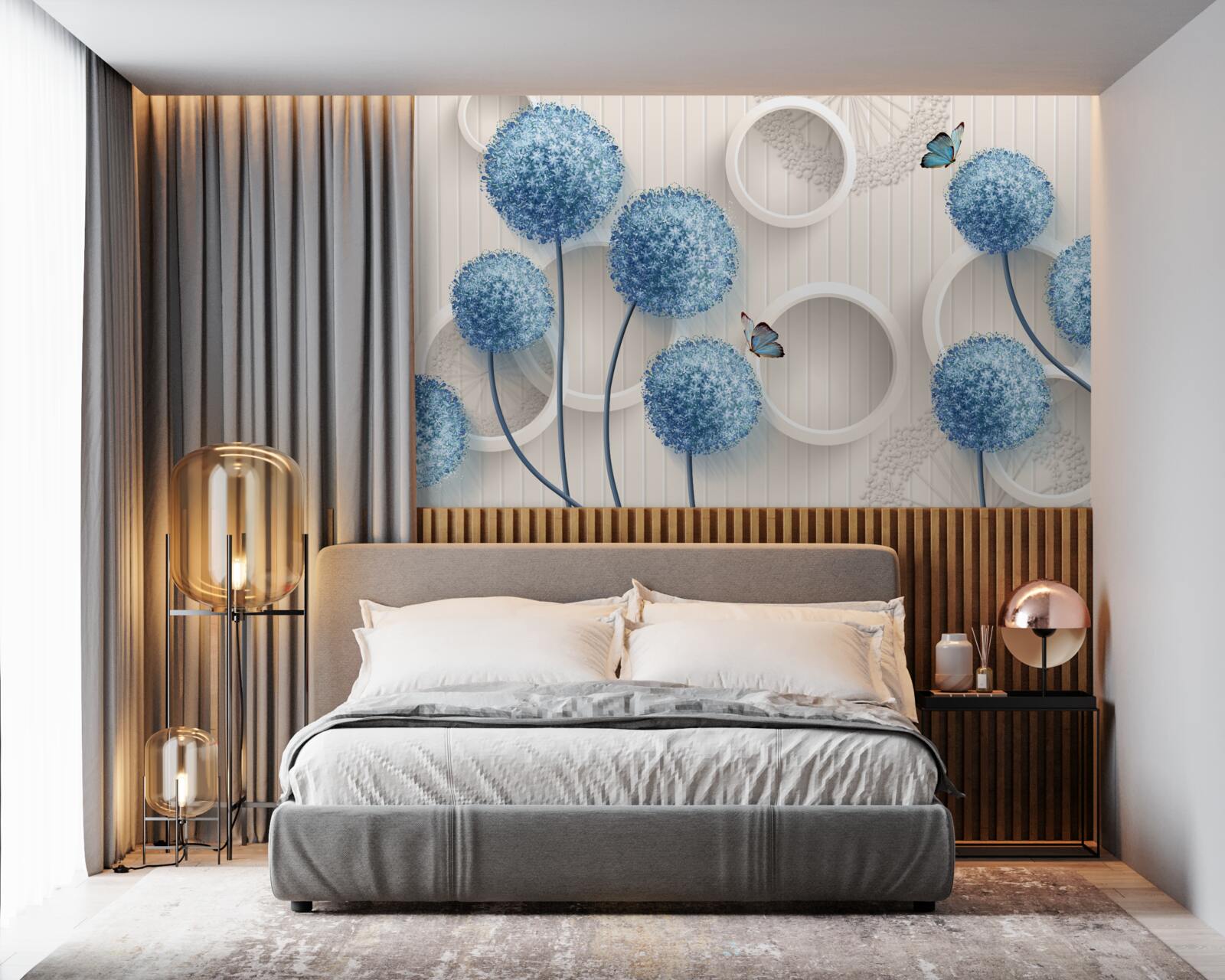 Fototapeten Schmetterlinge und blaue Blumen werden auf einem weißen Hintergrund präsentiert
