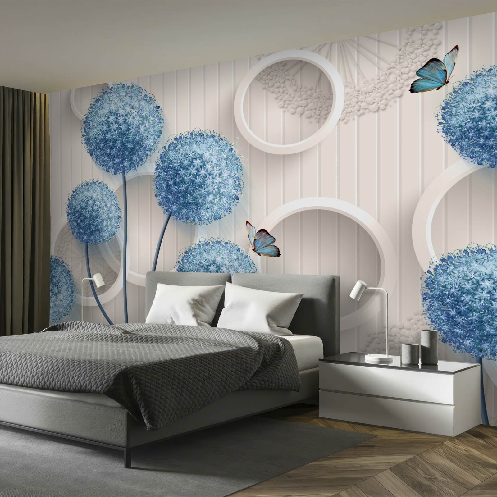 Fototapeten Schmetterlinge und blaue Blumen werden auf einem weißen Hintergrund präsentiert
