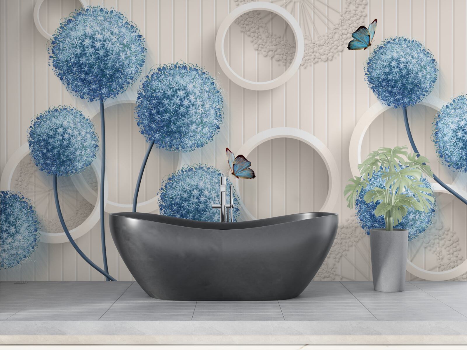 Fototapeten Schmetterlinge und blaue Blumen werden auf einem weißen Hintergrund präsentiert