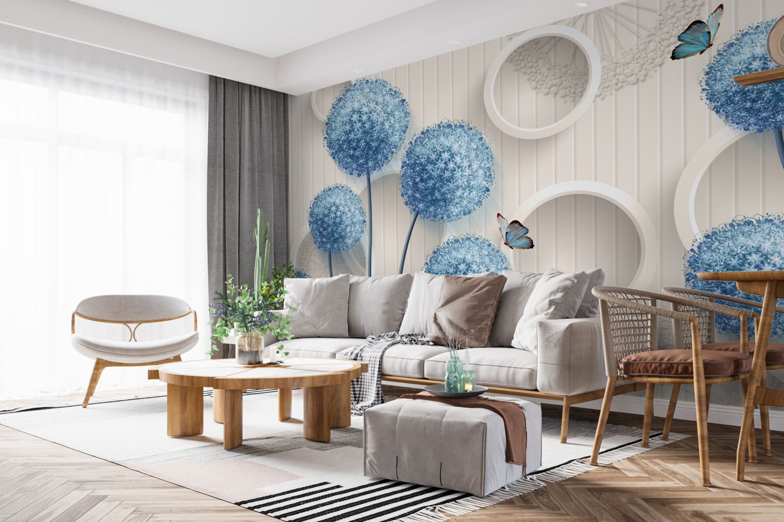 Fototapeten Schmetterlinge und blaue Blumen werden auf einem weißen Hintergrund präsentiert