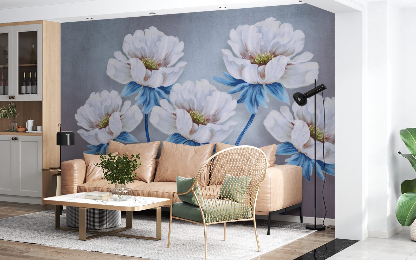 Fototapeten Die Blumen sind weiß mit einem blauen Farbton