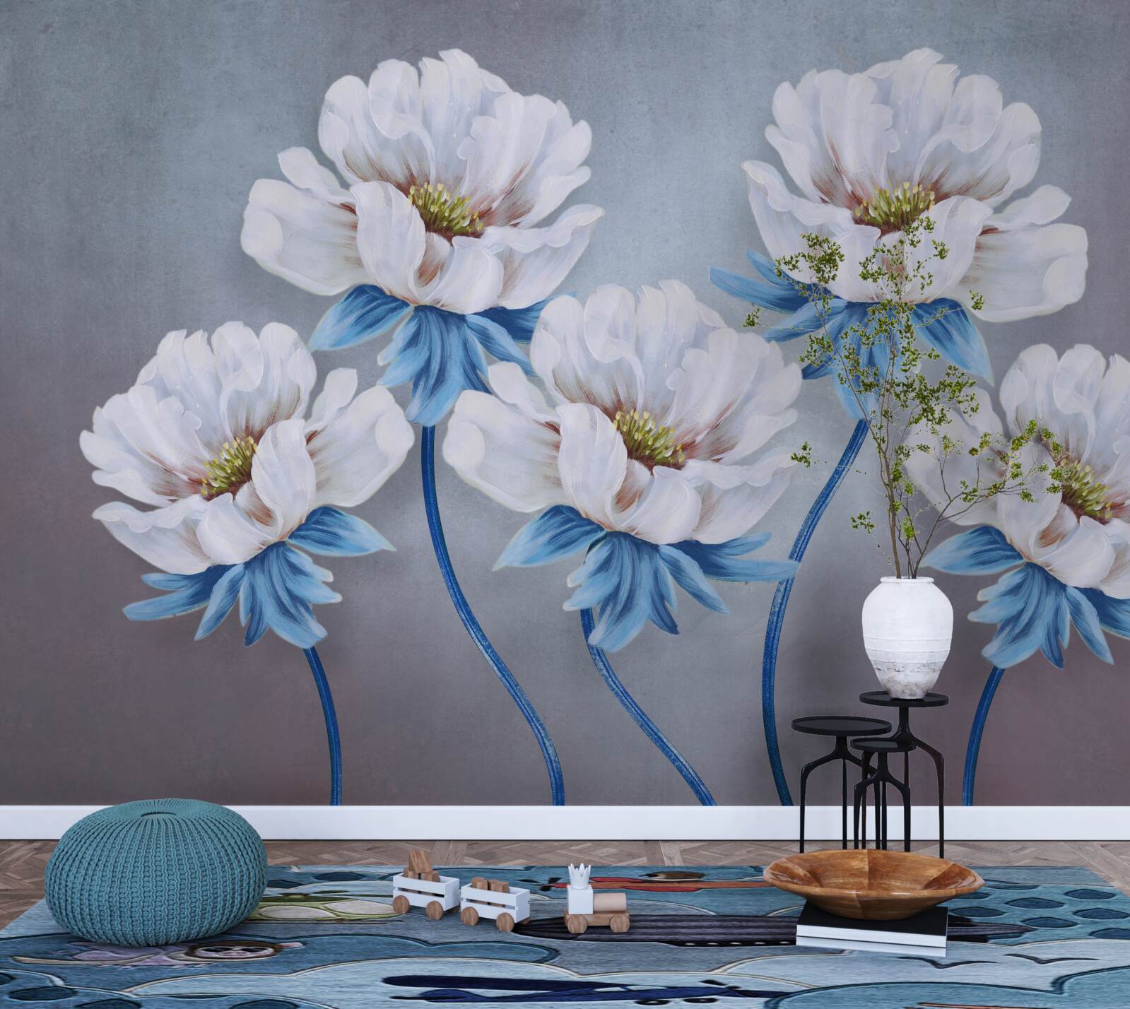 Fototapeten Die Blumen sind weiß mit einem blauen Farbton