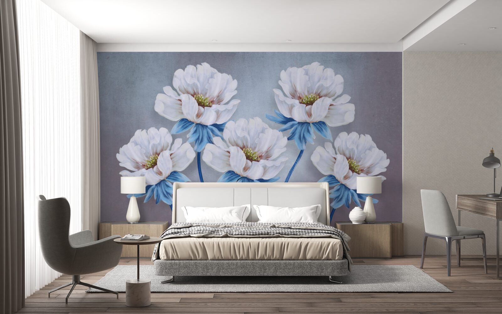 Fototapeten Die Blumen sind weiß mit einem blauen Farbton
