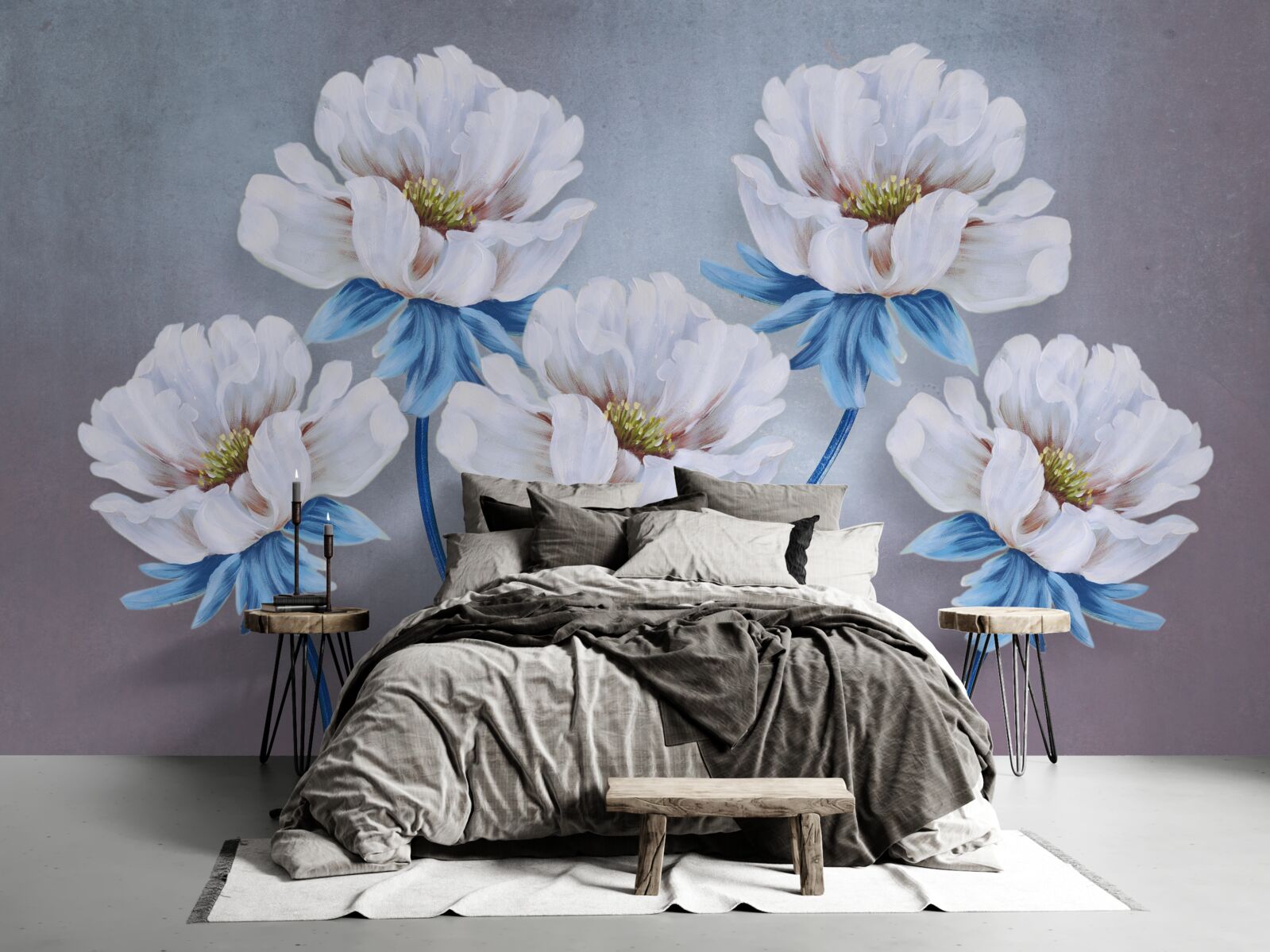 Fototapeten Die Blumen sind weiß mit einem blauen Farbton