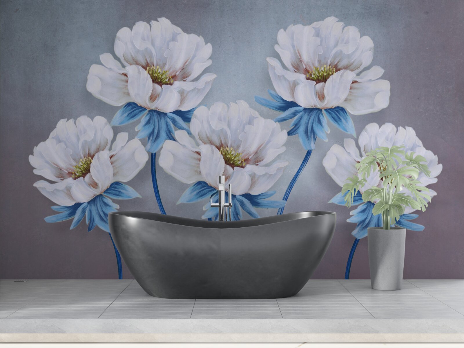 Fototapeten Die Blumen sind weiß mit einem blauen Farbton