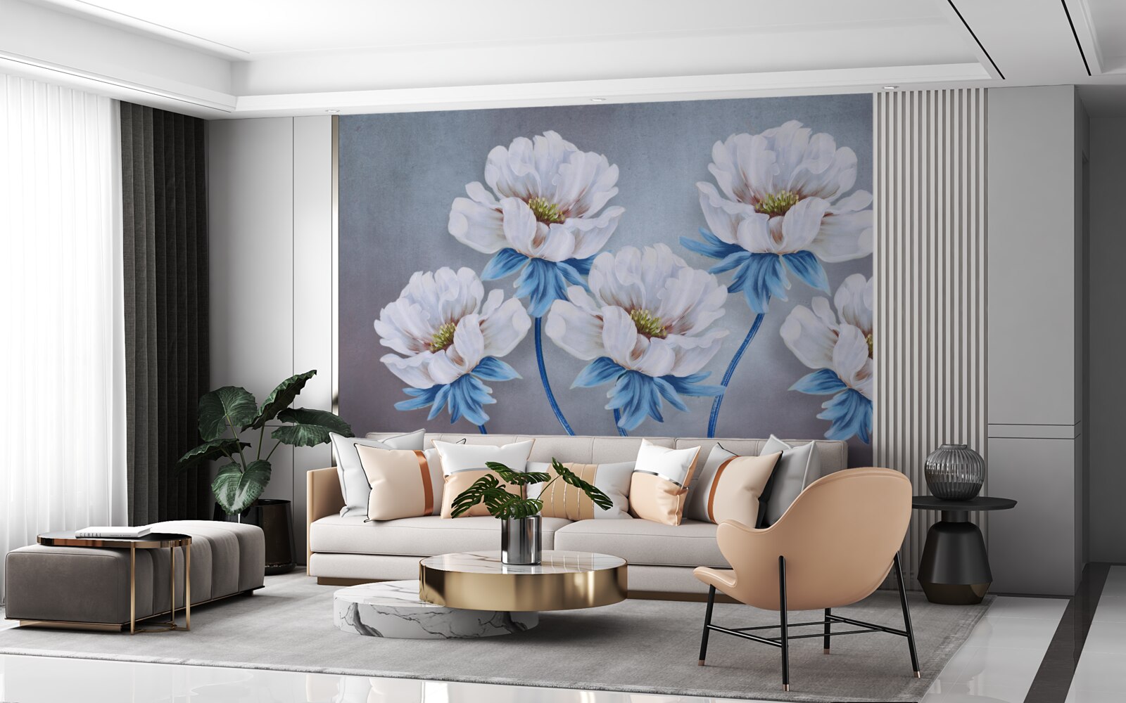 Fototapeten Die Blumen sind weiß mit einem blauen Farbton
