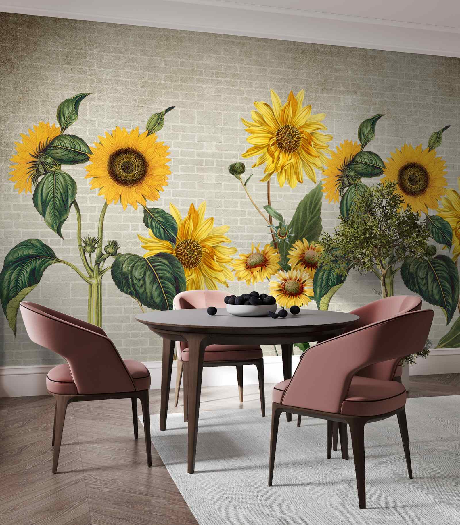 Fototapeten Ziegelmauer mit Sonnenblumen im Vordergrund