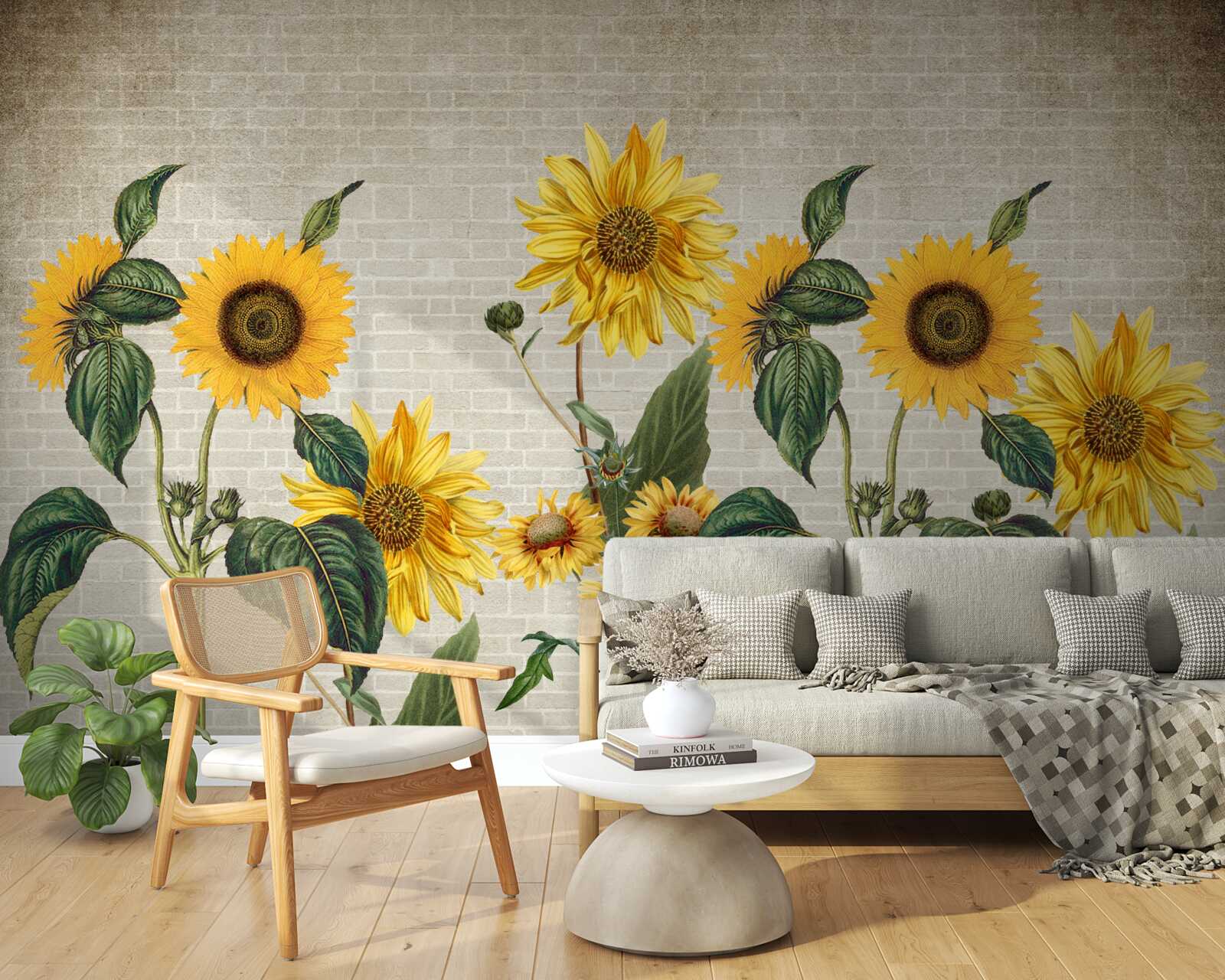 Fototapeten Ziegelmauer mit Sonnenblumen im Vordergrund