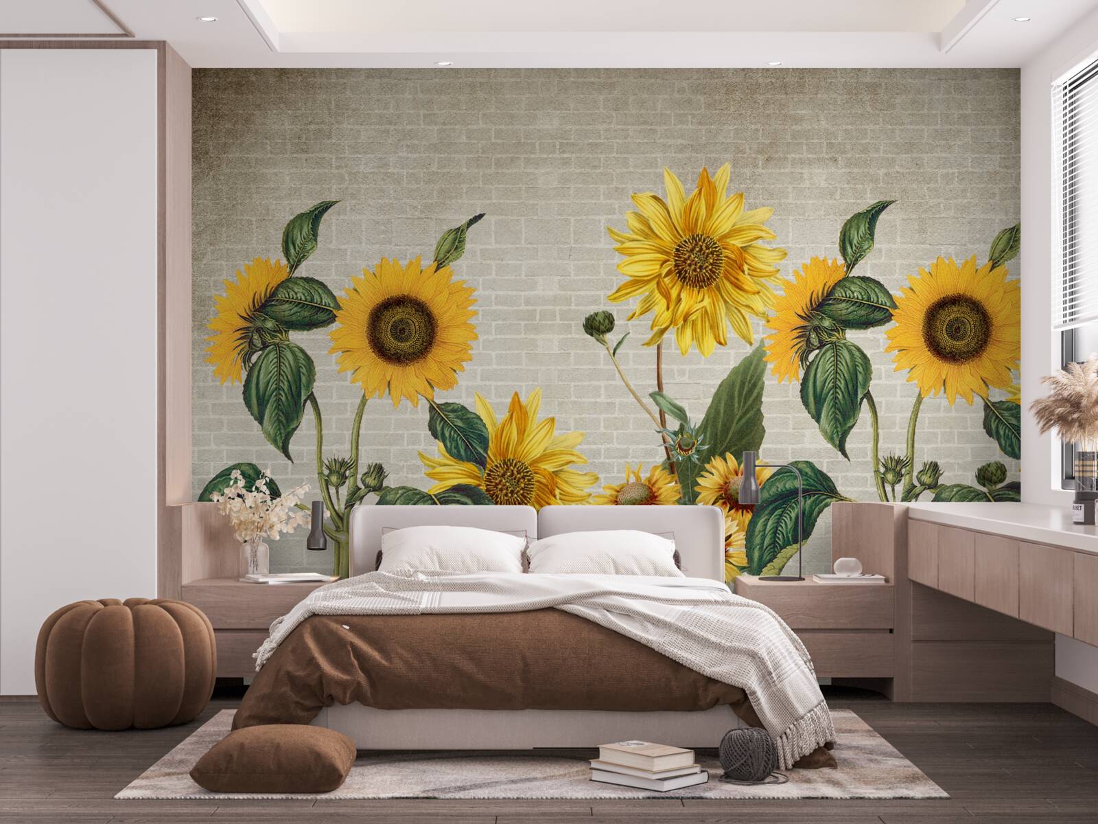 Fototapeten Ziegelmauer mit Sonnenblumen im Vordergrund