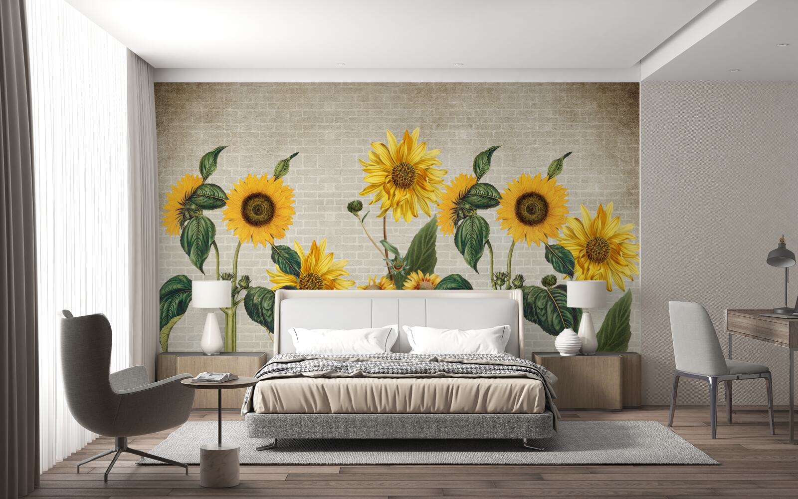 Fototapeten Ziegelmauer mit Sonnenblumen im Vordergrund