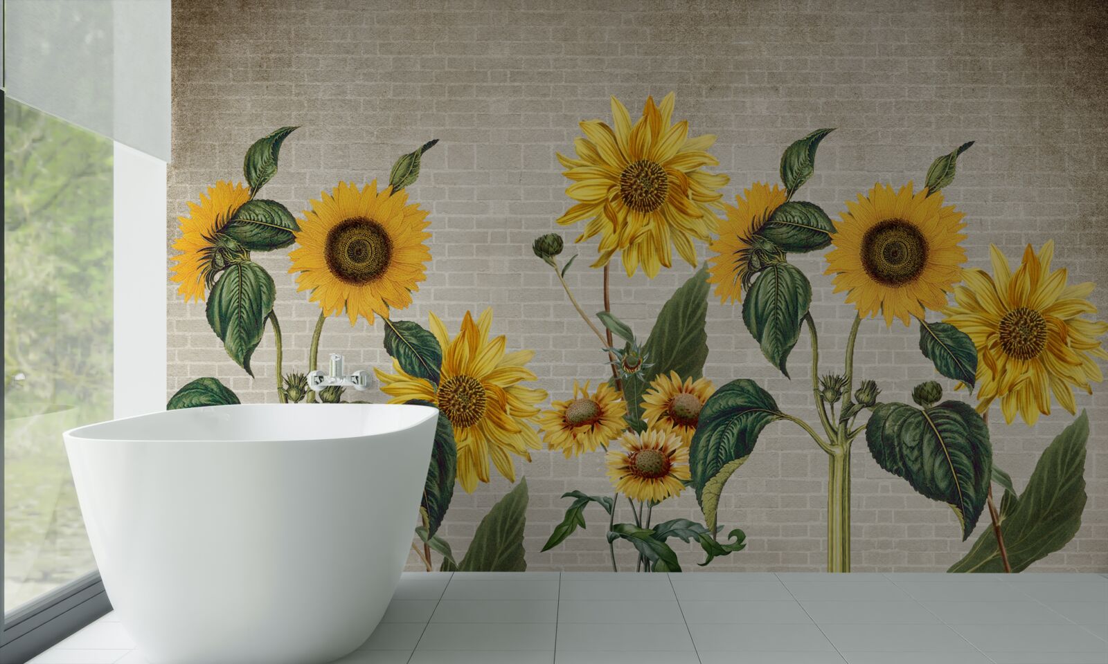 Fototapeten Ziegelmauer mit Sonnenblumen im Vordergrund
