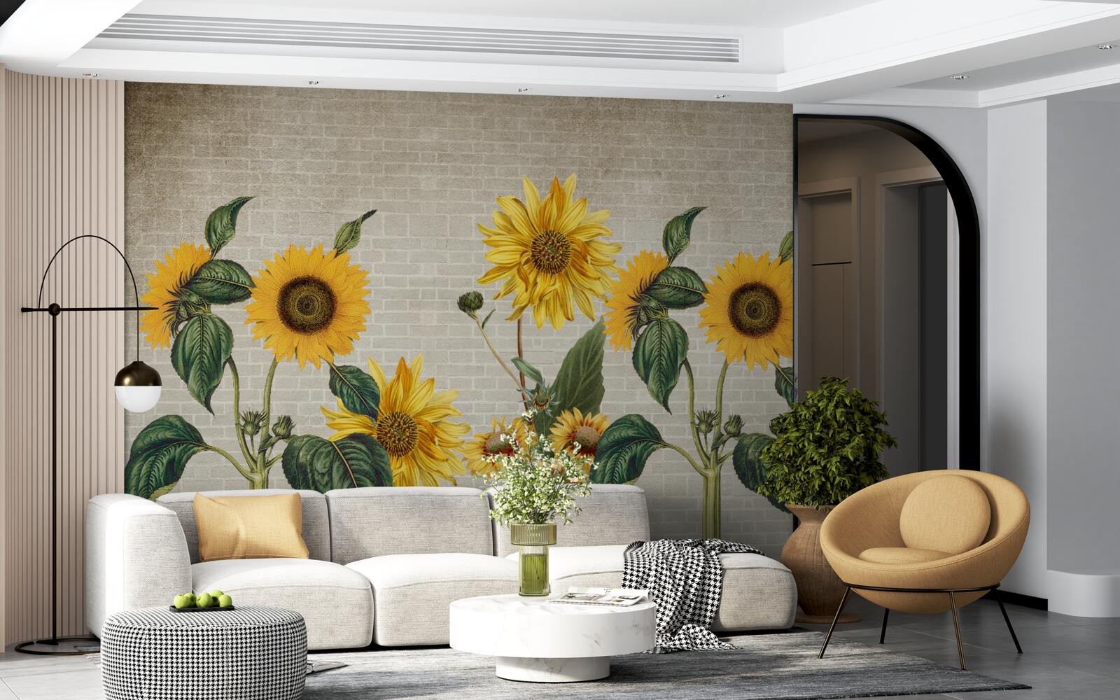 Fototapeten Ziegelmauer mit Sonnenblumen im Vordergrund