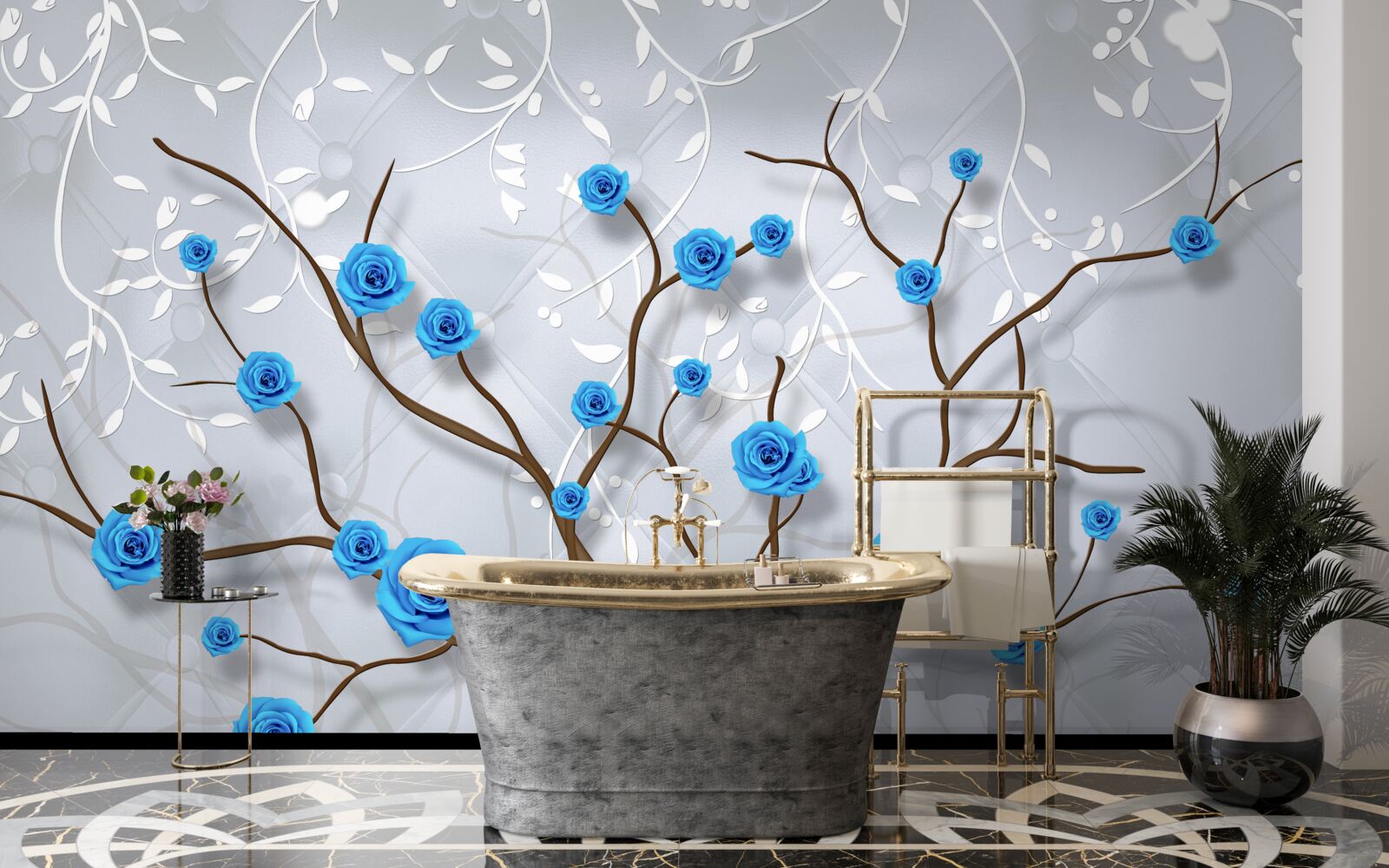 Fototapeten rosa Baum mit blauen Blumen