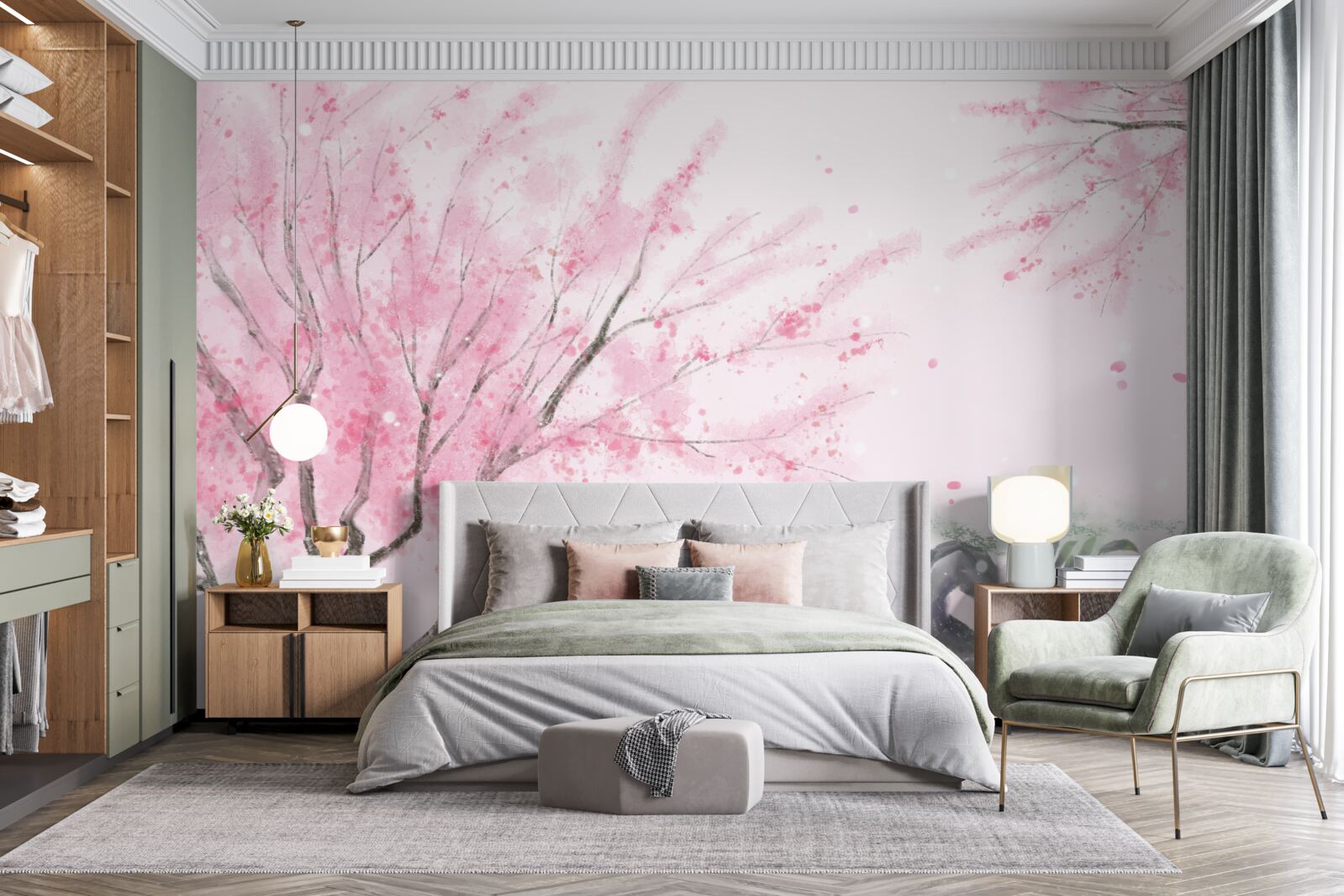 Fototapeten Sakura in der Nähe des Teiches ist rosa gestrichen