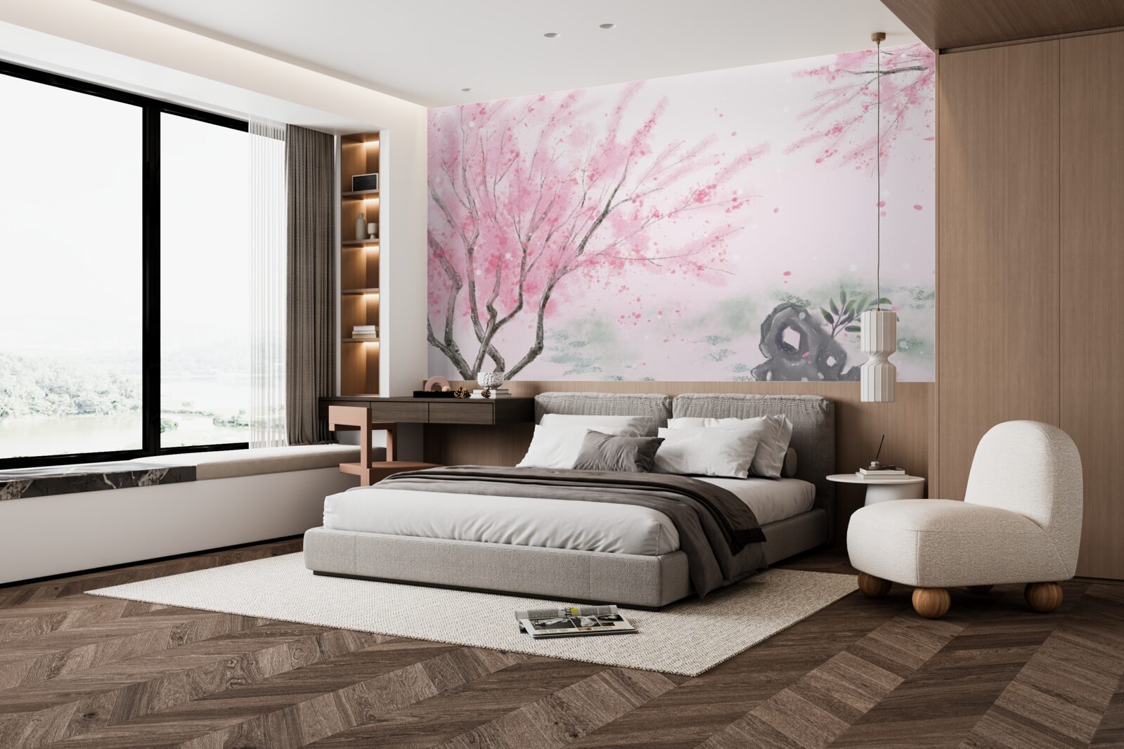 Fototapeten Sakura in der Nähe des Teiches ist rosa gestrichen