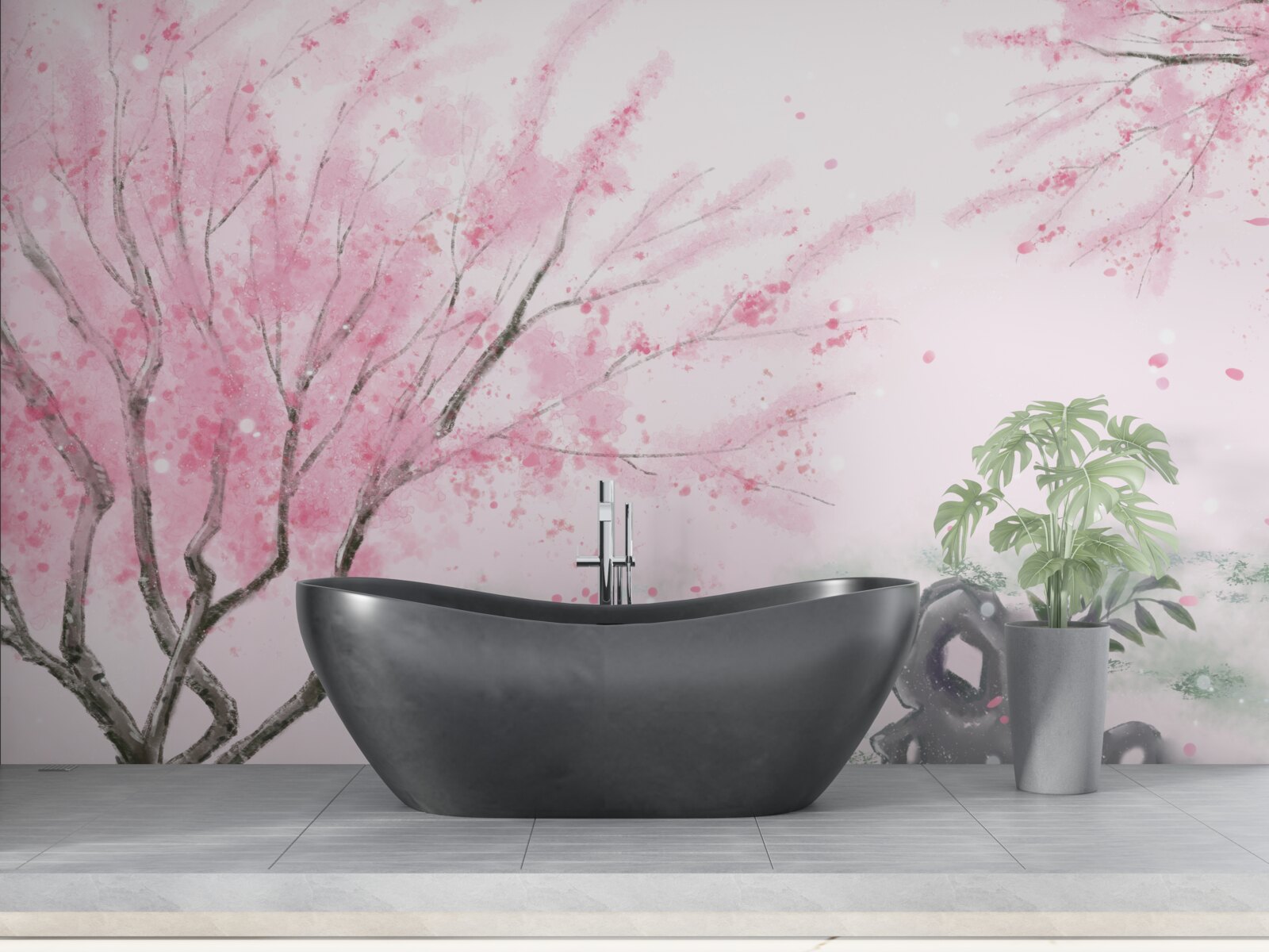 Fototapeten Sakura in der Nähe des Teiches ist rosa gestrichen