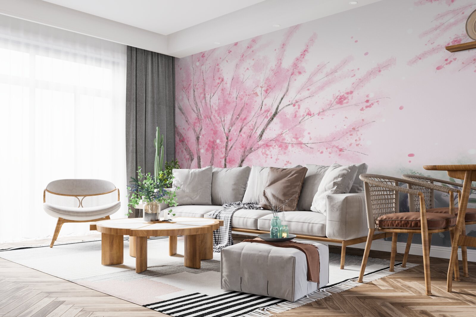 Fototapeten Sakura in der Nähe des Teiches ist rosa gestrichen