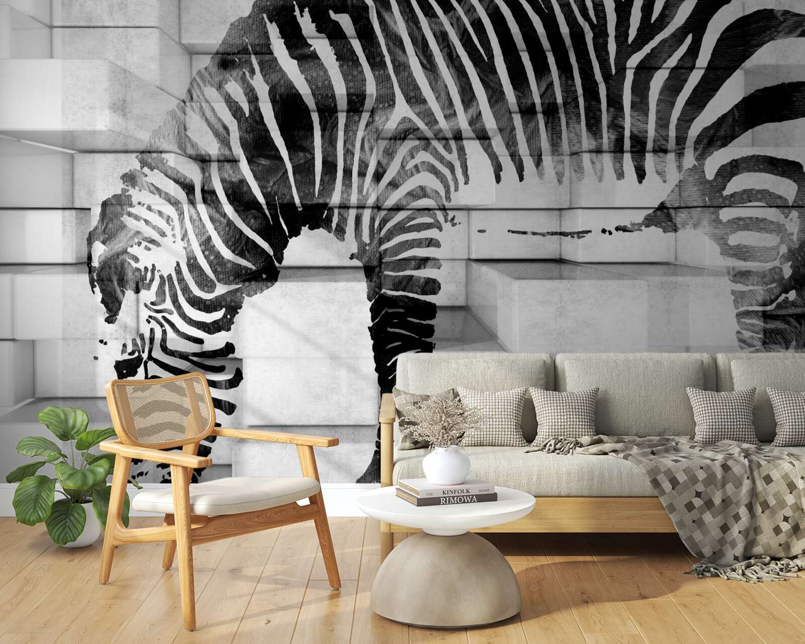 Fototapeten Eine Ziegelmauer in der Nähe des Wasserlochs mit dem Bild des Zebras