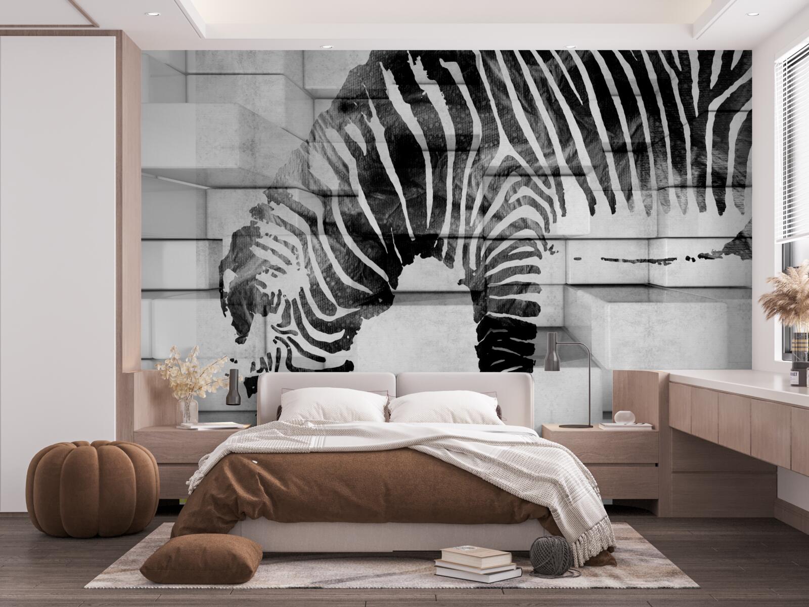 Fototapeten Eine Ziegelmauer in der Nähe des Wasserlochs mit dem Bild des Zebras